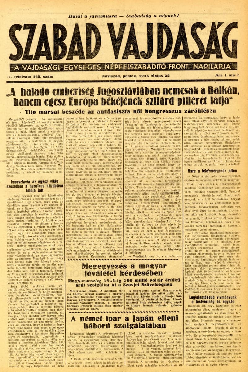 Szabad Vajdaság, 2. évf. 1945. június 22. 140. sz.