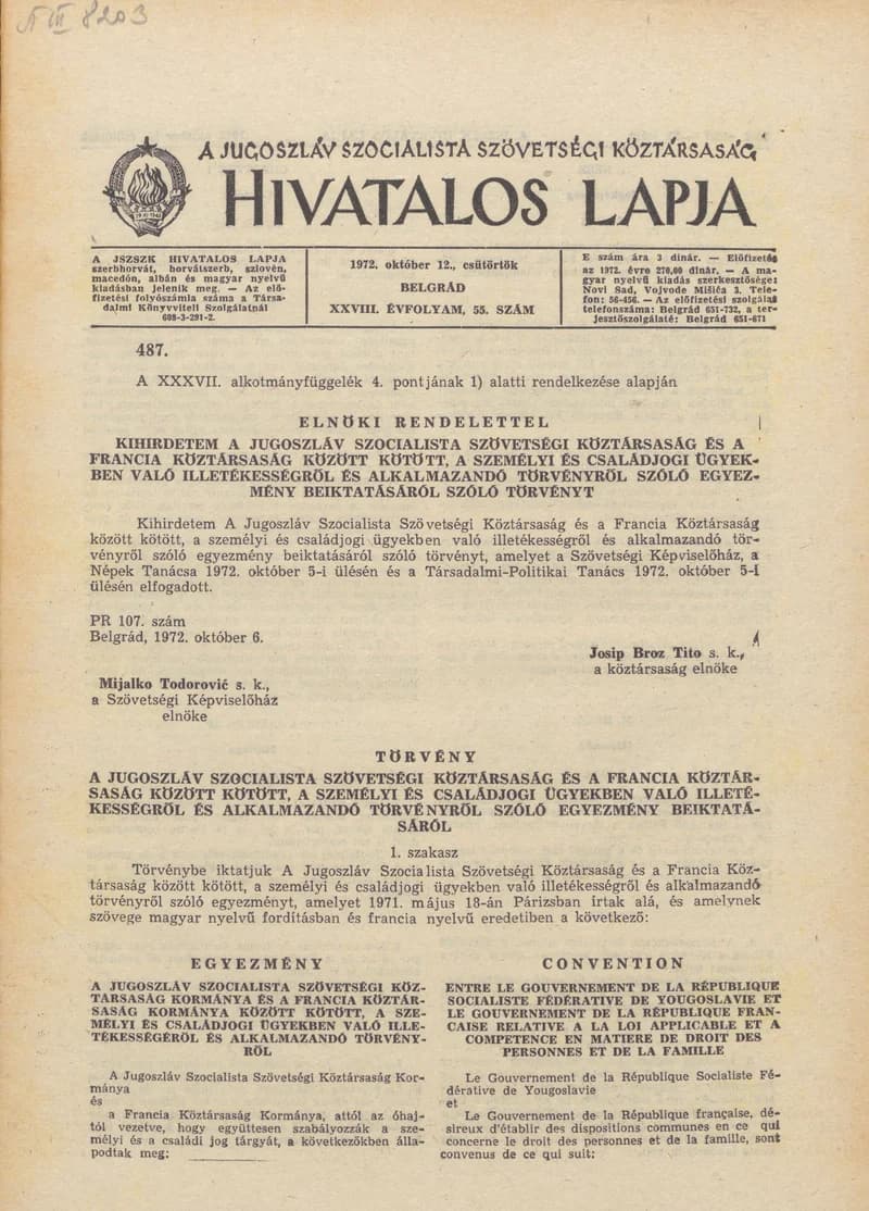 A Jugoszláv Szocialista Szövetségi Köztársaság Hivatalos Lapja, 28. évf. 1972. október 12. 55. sz. 1009–1032. oldal