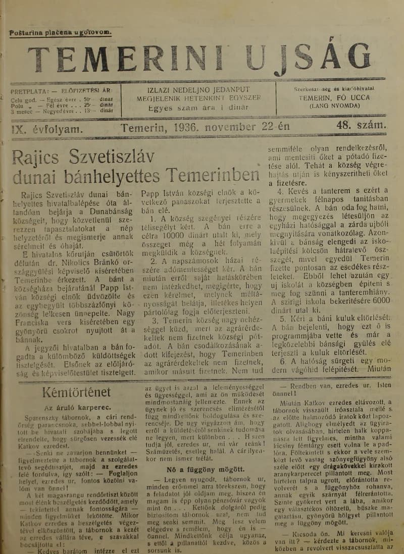 Temerini Újság 1928-1944, 9. évf. 1936. november 22. 48. sz.