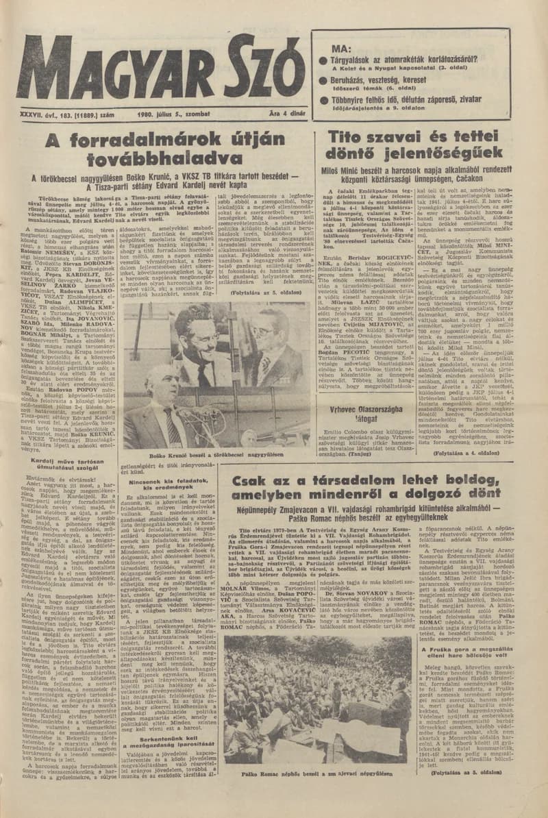 Magyar Szó, 37. évf. 1980. július 5. 183. sz. 1–20. oldal