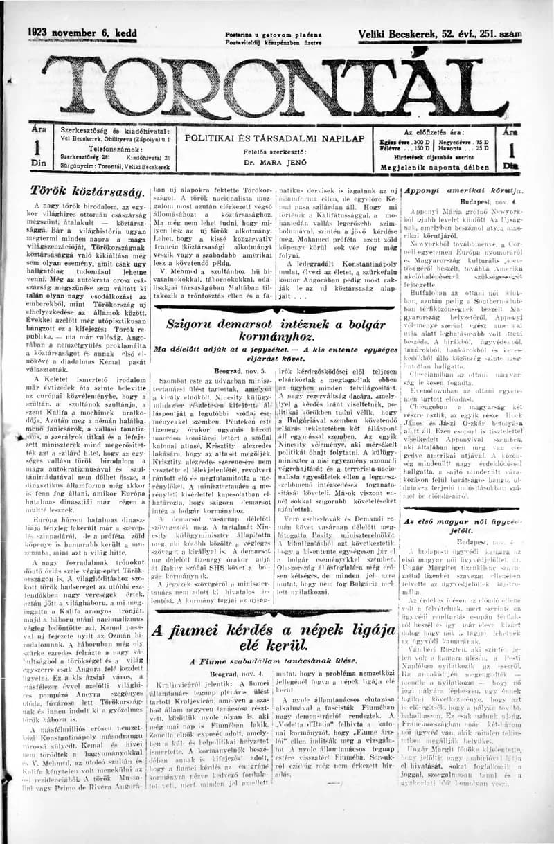 Torontál, 52. évf. 1923. november 6. 251. sz.