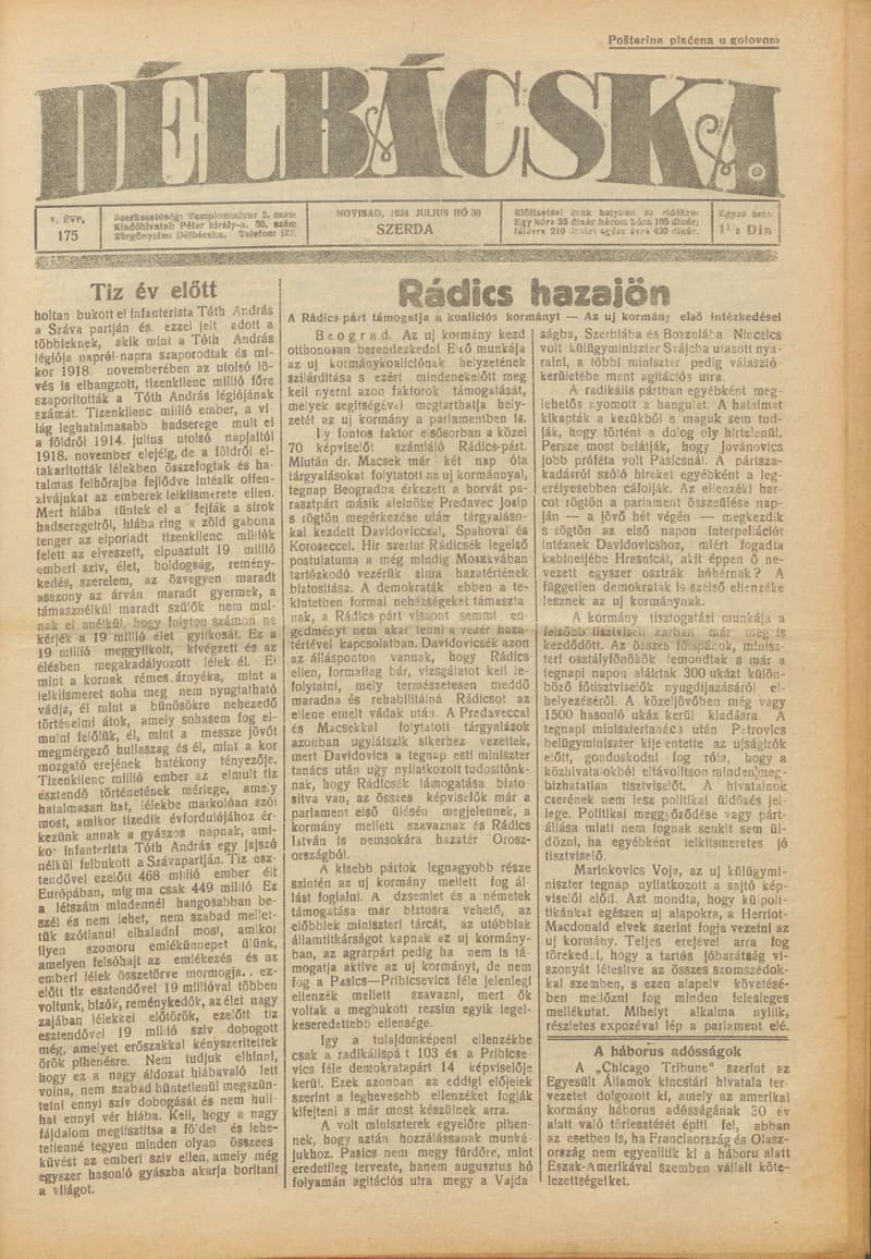 Délbácska, 5. évf. 1924. július 30. 175. sz.