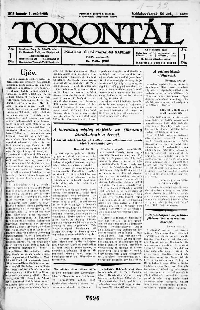 Torontál, 54. évf. 1925. január 1. 1. sz.