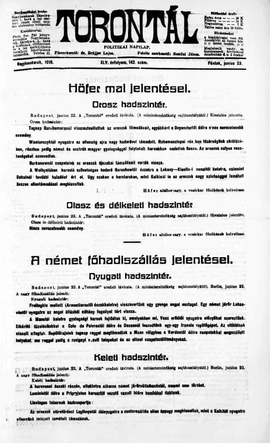 Torontál, 45. évf. 1916. június 23. 142. sz.