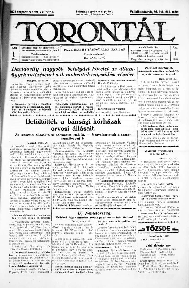 Torontál, 56. évf. 1927. szeptember 29. 224. sz.