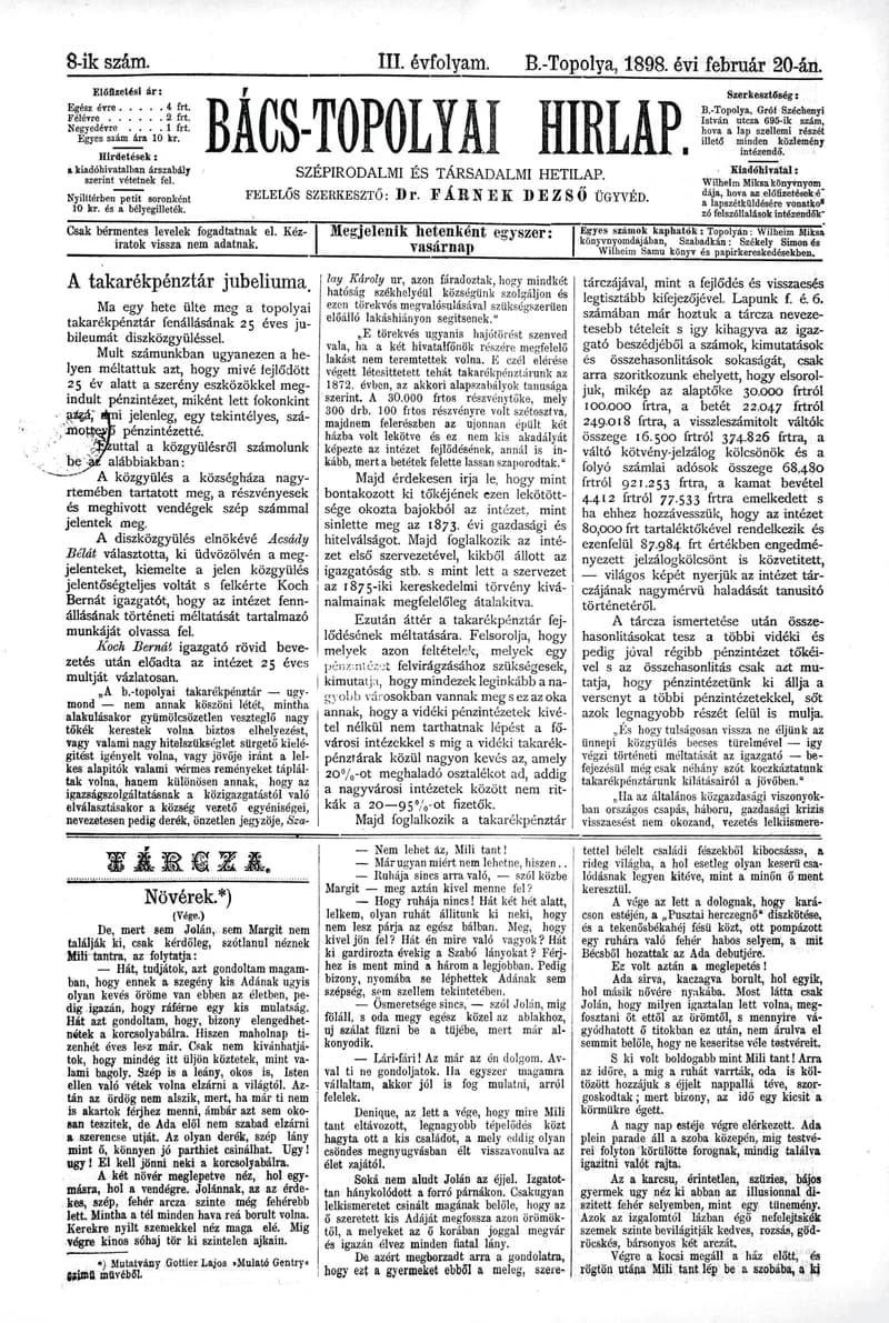 Bács-Topolyai Hirlap, 3. évf. 1898. február 20. 8. sz.