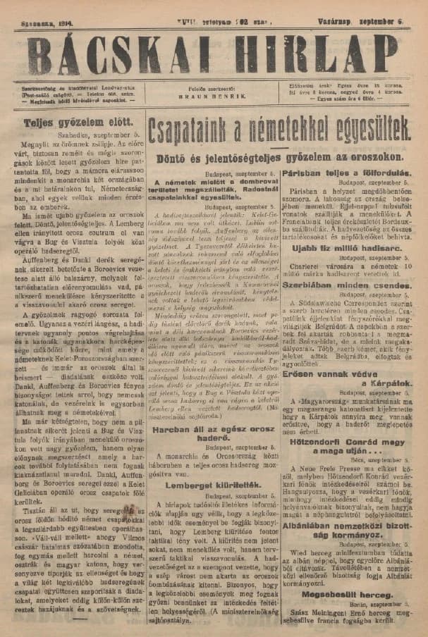 Bácskai Hirlap, 18. évf. 1914. szeptember 6. 202. sz.