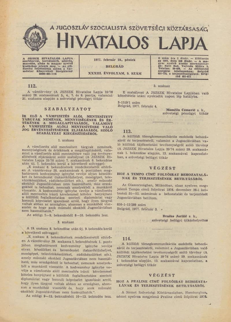 A Jugoszláv Szocialista Szövetségi Köztársaság Hivatalos Lapja, 33. évf. 1977. február 18. 9. sz. 485–492. oldal