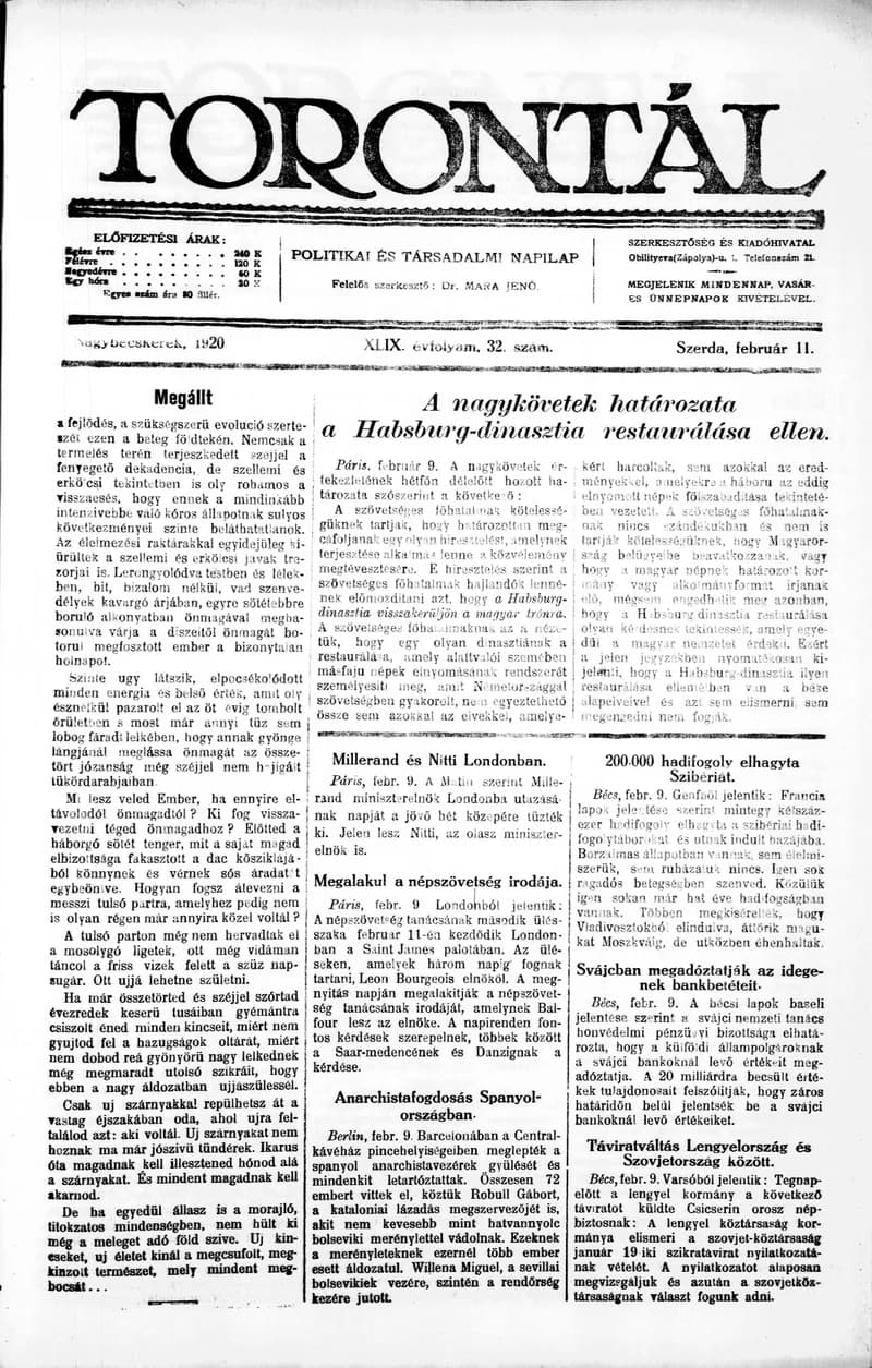 Torontál, 49. évf. 1920. február 11. 32. sz.