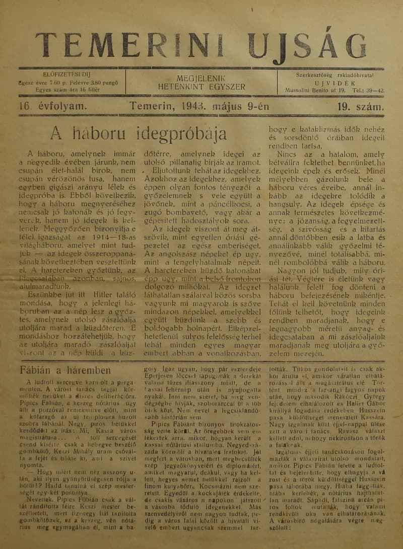 Temerini Újság 1928-1944, 16. évf. 1943. május 9. 19. sz.