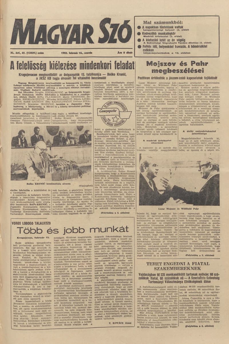 Magyar Szó, 40. évf. 1983. február 16. 45. sz. 1–24. oldal