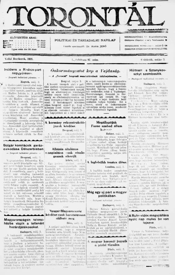 Torontál, 50. évf. 1921. május 5. 97. sz.