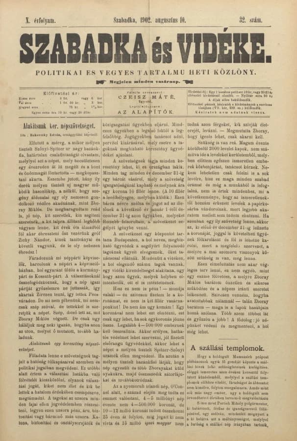 Szabadka és vidéke II, 10. évf. 1902. augusztus 10. 32. sz.