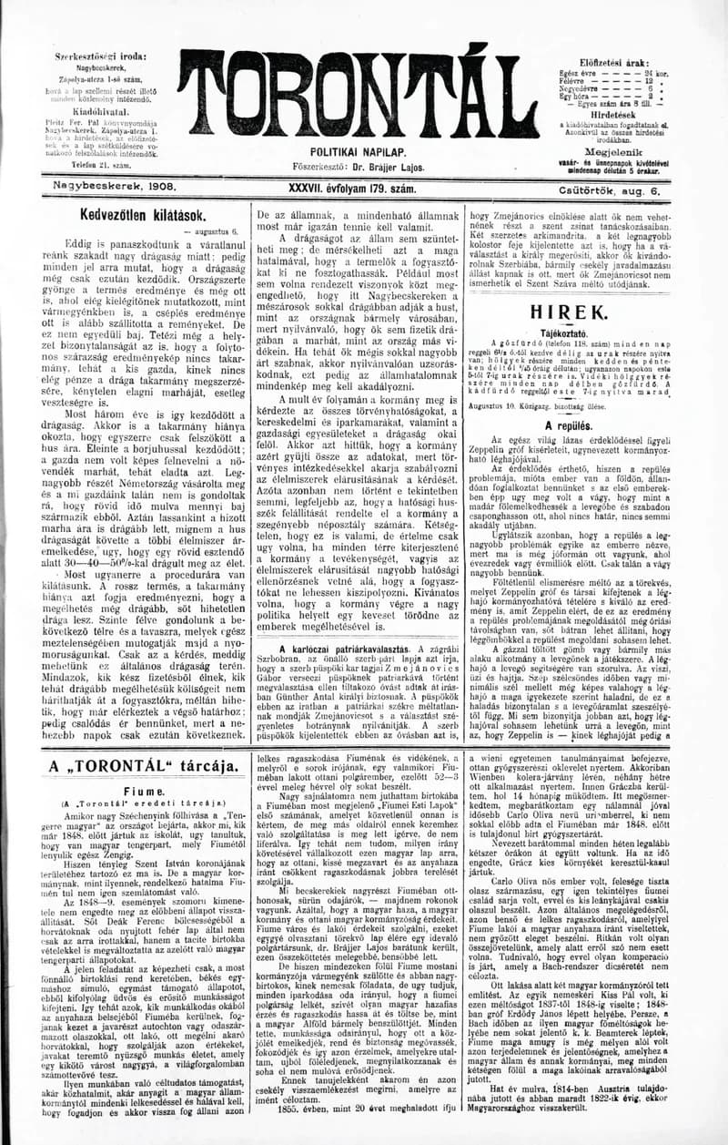 Torontál, 37. évf. 1908. augusztus 6. 179. sz.