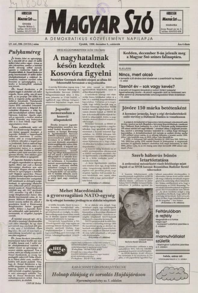 Magyar Szó, 55. évf. 1998. december 3. 286. sz. 1–16. oldal
