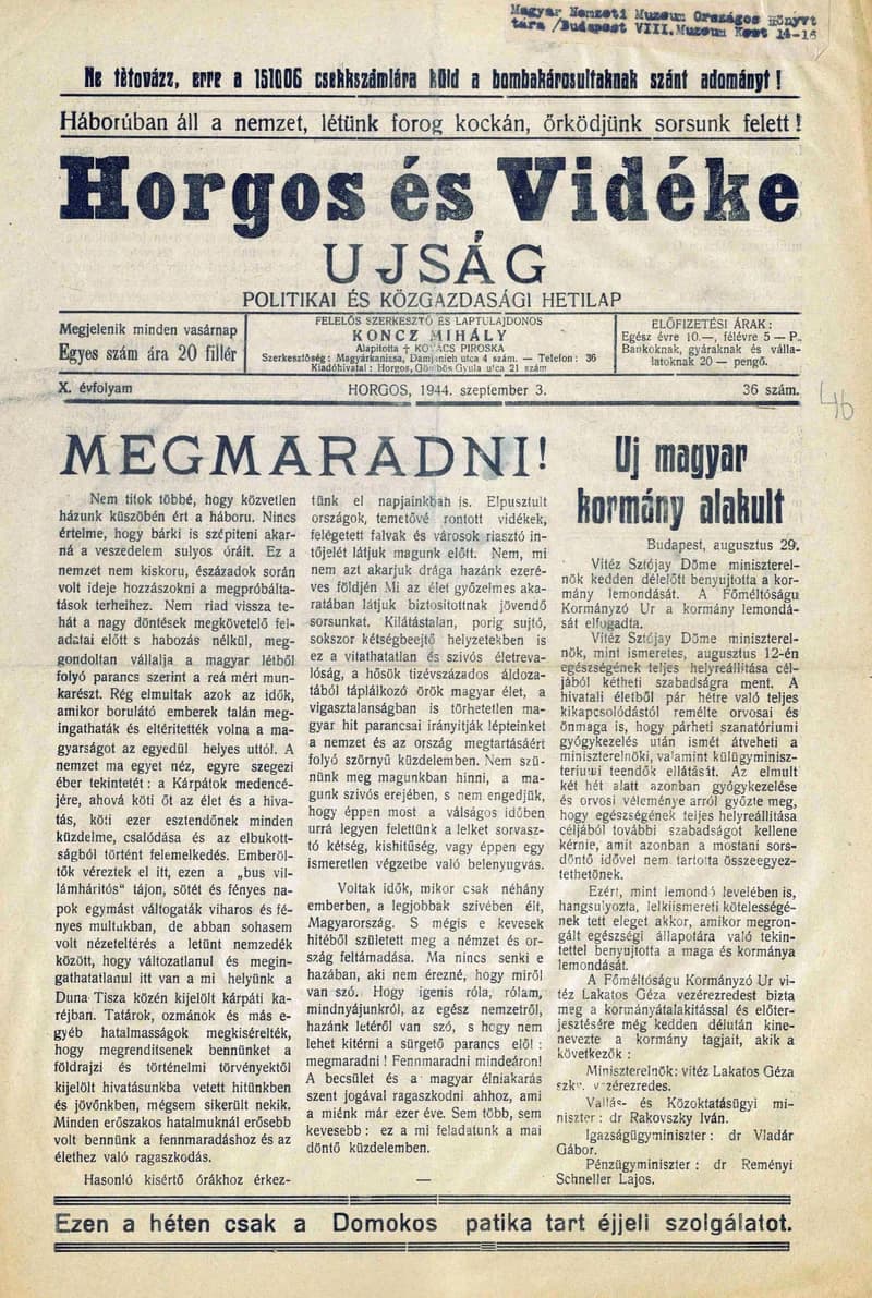 Horgos és vidéke, 9. évf. 1944. augusztus 27. 35. sz.