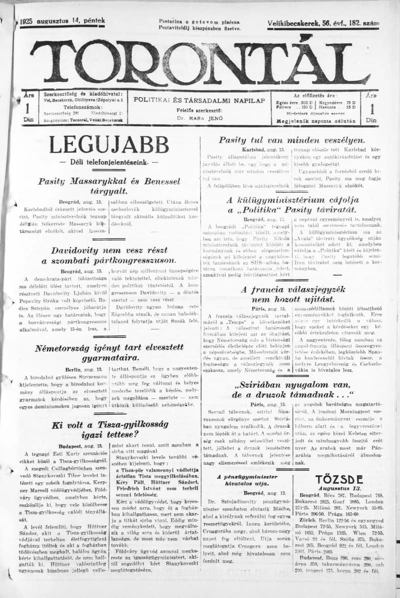 Torontál, 54. évf. 1925. augusztus 14. 182. sz.