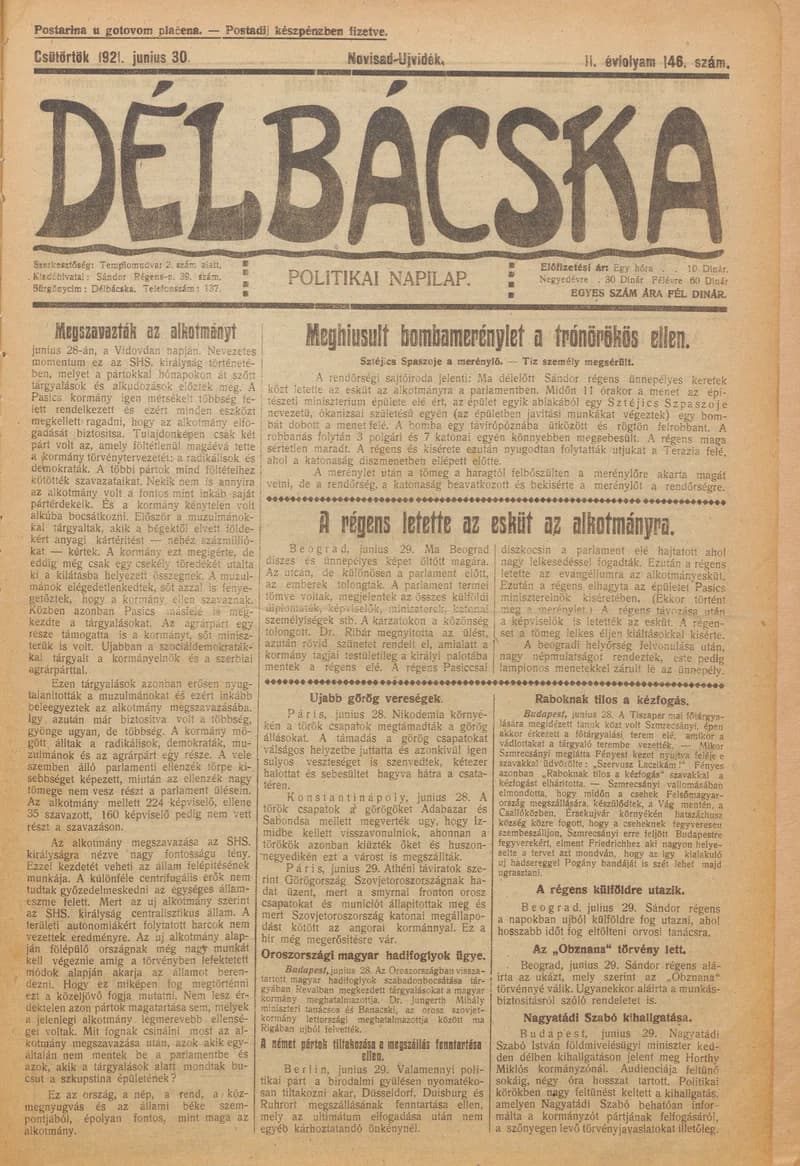 Délbácska, 2. évf. 1921. június 30. 146. sz.