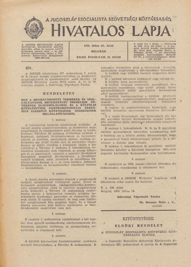 A Jugoszláv Szocialista Szövetségi Köztársaság Hivatalos Lapja, 32. évf. 1976. július 19. 32. sz. 781–788. oldal