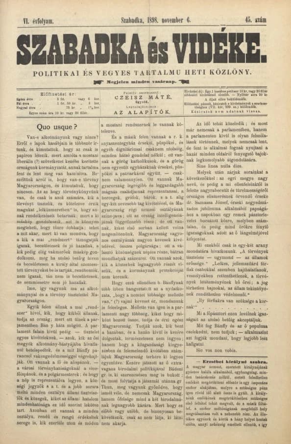 Szabadka és vidéke II, 6. évf. 1898. november 6. 45. sz.