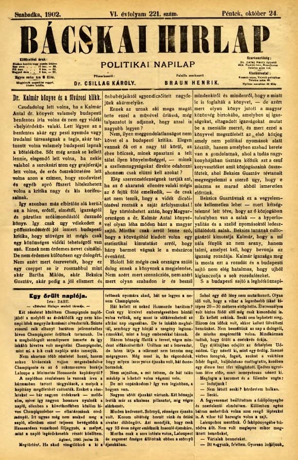 Bácskai Hirlap, 6. évf. 1902. október 24. 221. sz.