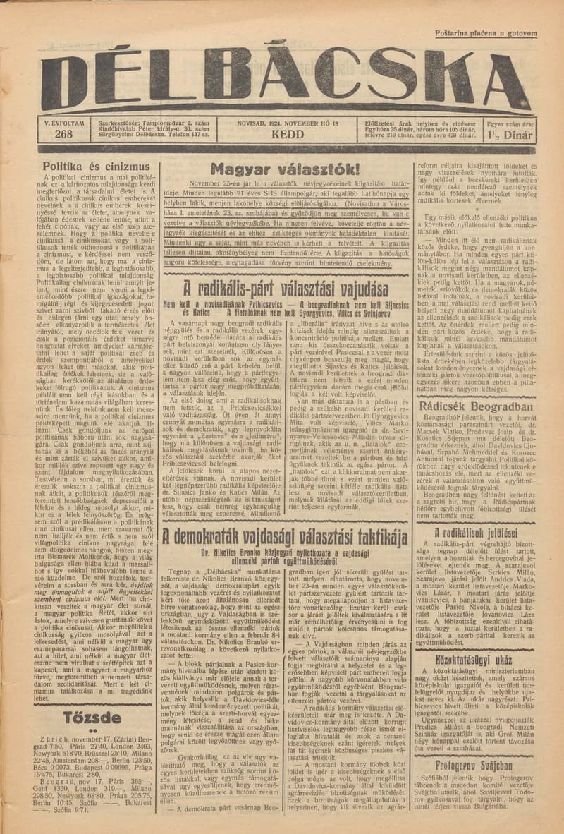 Délbácska, 5. évf. 1924. november 18. 268. sz.