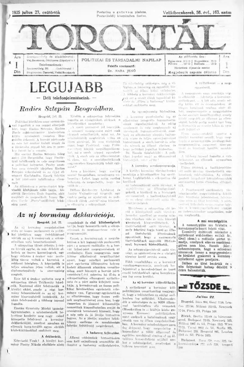 Torontál 1925. június 23. 163. sz.