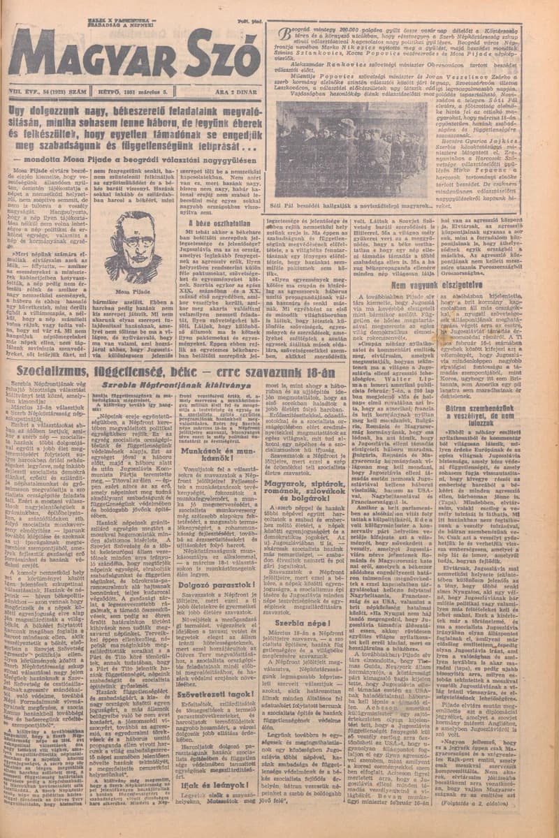 Magyar Szó, 8. évf. 1951. március 5. 54. sz. 1–2. oldal