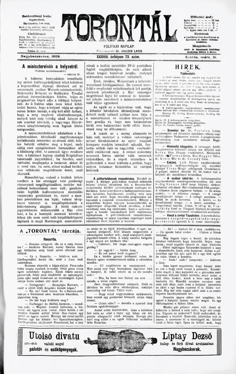Torontál, 38. évf. 1909. március 31. 73. sz.