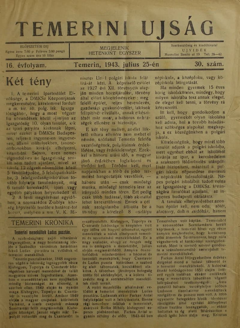 Temerini Újság 1928-1944, 16. évf. 1943. július 25. 30. sz.