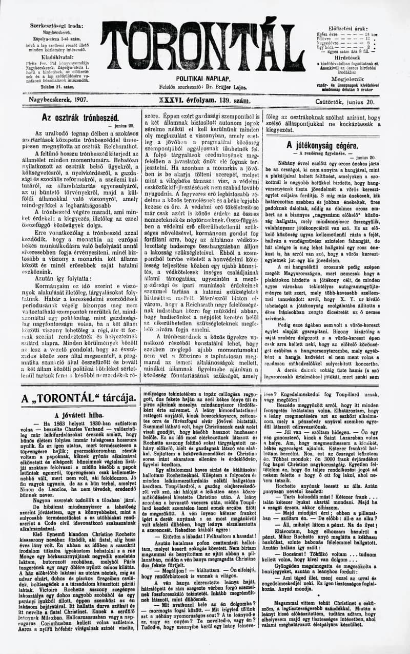Torontál, 36. évf. 1907. június 20. 139. sz.