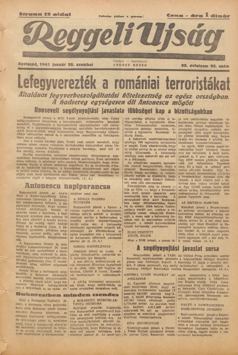 Reggeli Újság, 22. évf. 1941. január 25. 25. sz.