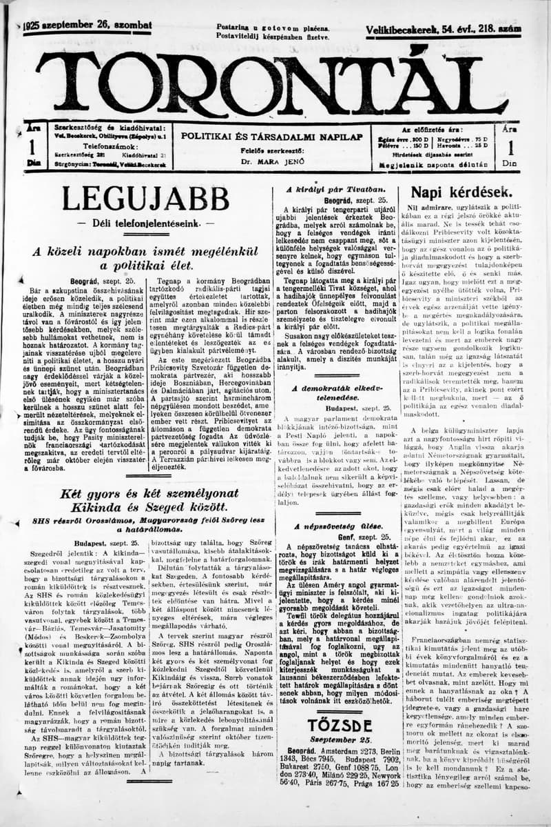 Torontál, 54. évf. 1925. szeptember 26. 218. sz.