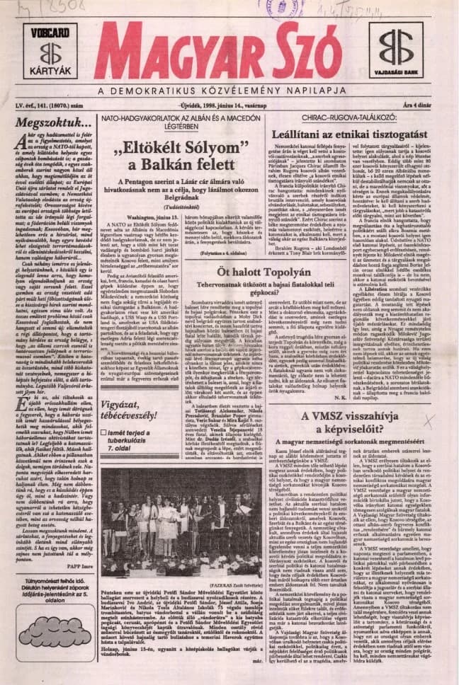 Magyar Szó, 55. évf. 1998. június 14. 141. sz. 1–24. oldal