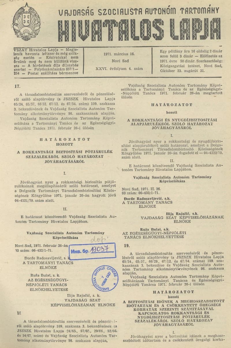 Vajdaság Szocialista Autonóm Tartomány Hivatalos Lapja, 27. évf. 1971. március 16. 4. sz. 53–56. oldal