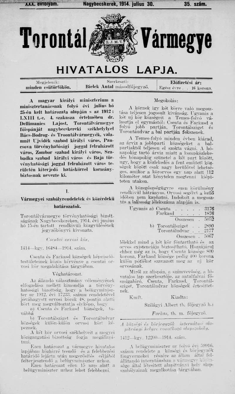 Torontál Vármegye Hivatalos Lapja, 30. évf. 1914. július 30. 35. sz.