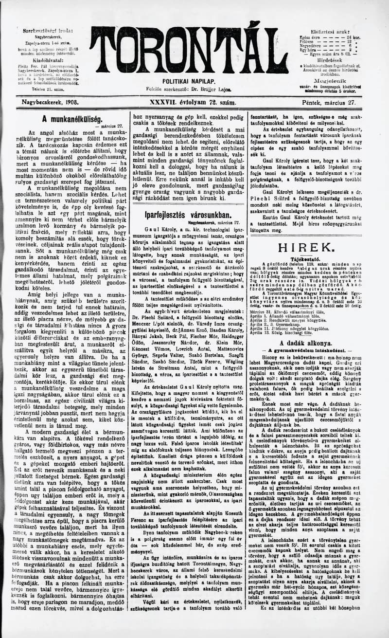 Torontál, 37. évf. 1908. március 27. 72. sz.