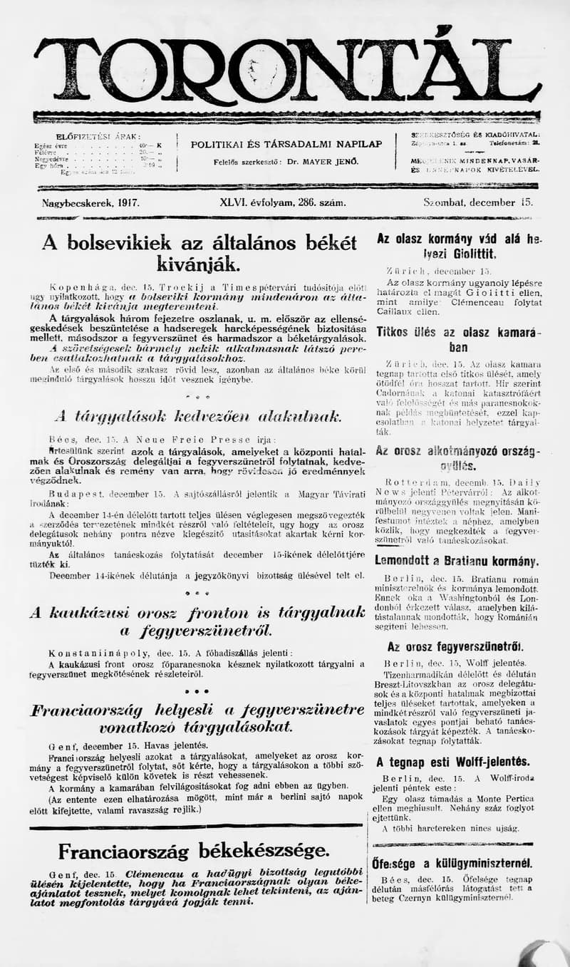 Torontál, 46. évf. 1917. december 15. 286. sz.