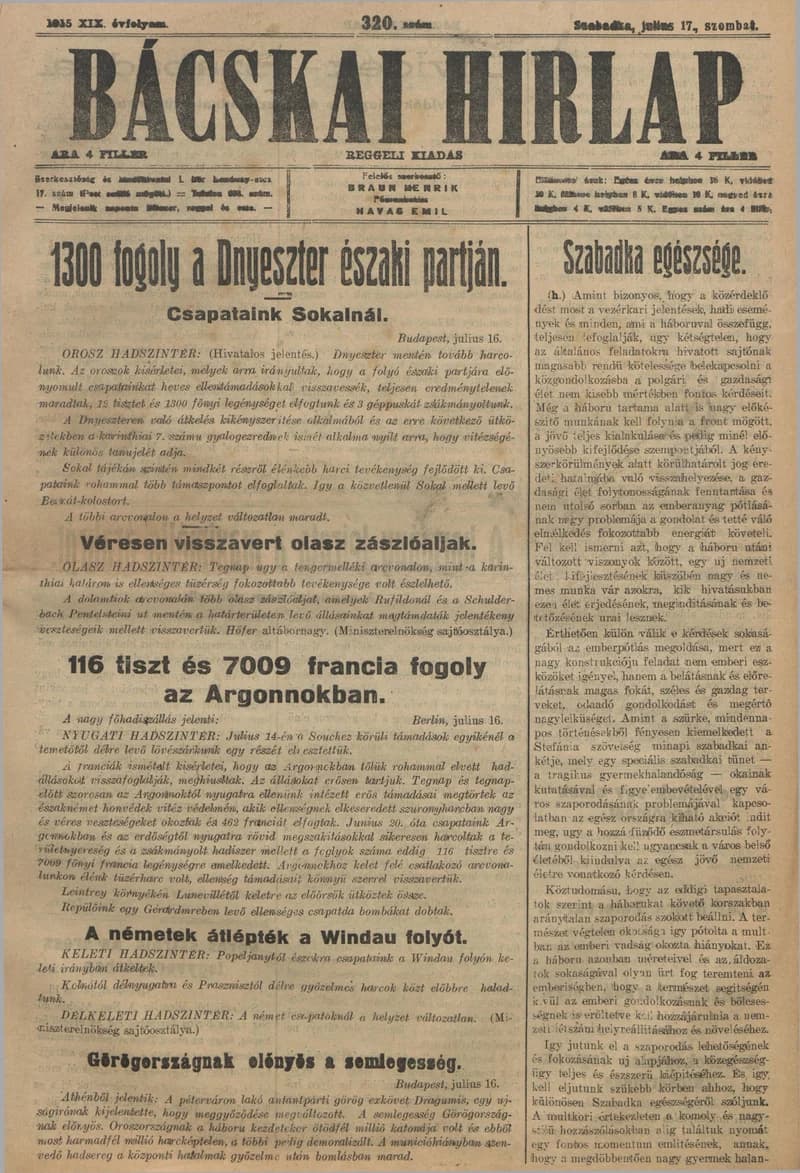 Bácskai Hirlap, 19. évf. 1915. július 17. 320. sz.