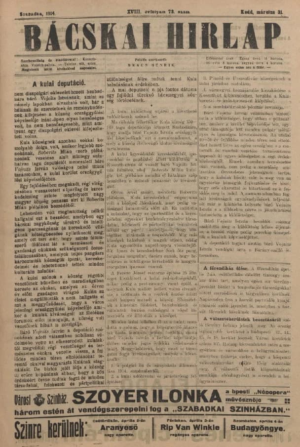 Bácskai Hirlap, 18. évf. 1914. március 31. 73. sz.
