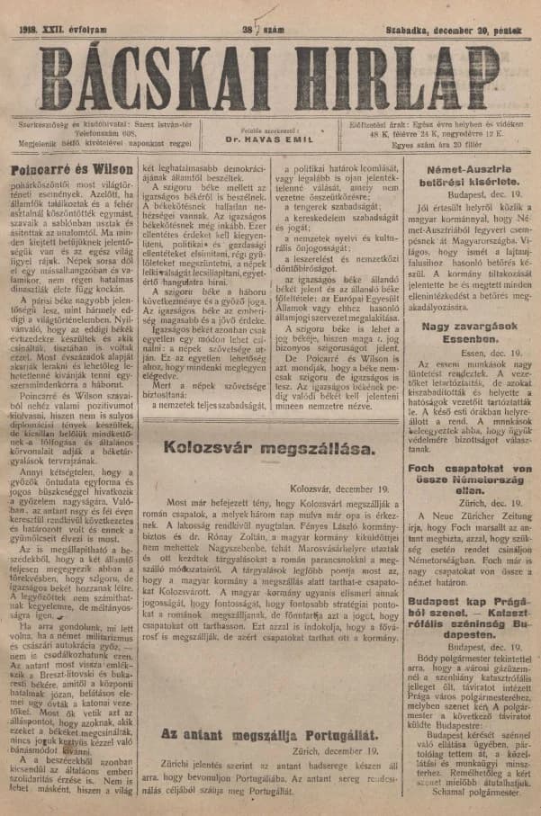 Bácskai Hirlap, 22. évf. 1918. december 20. 285. sz.