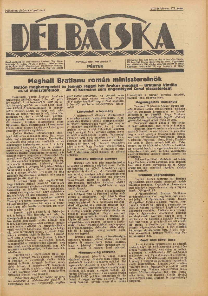 Délbácska, 8. évf. 1927. november 25. 274. sz.