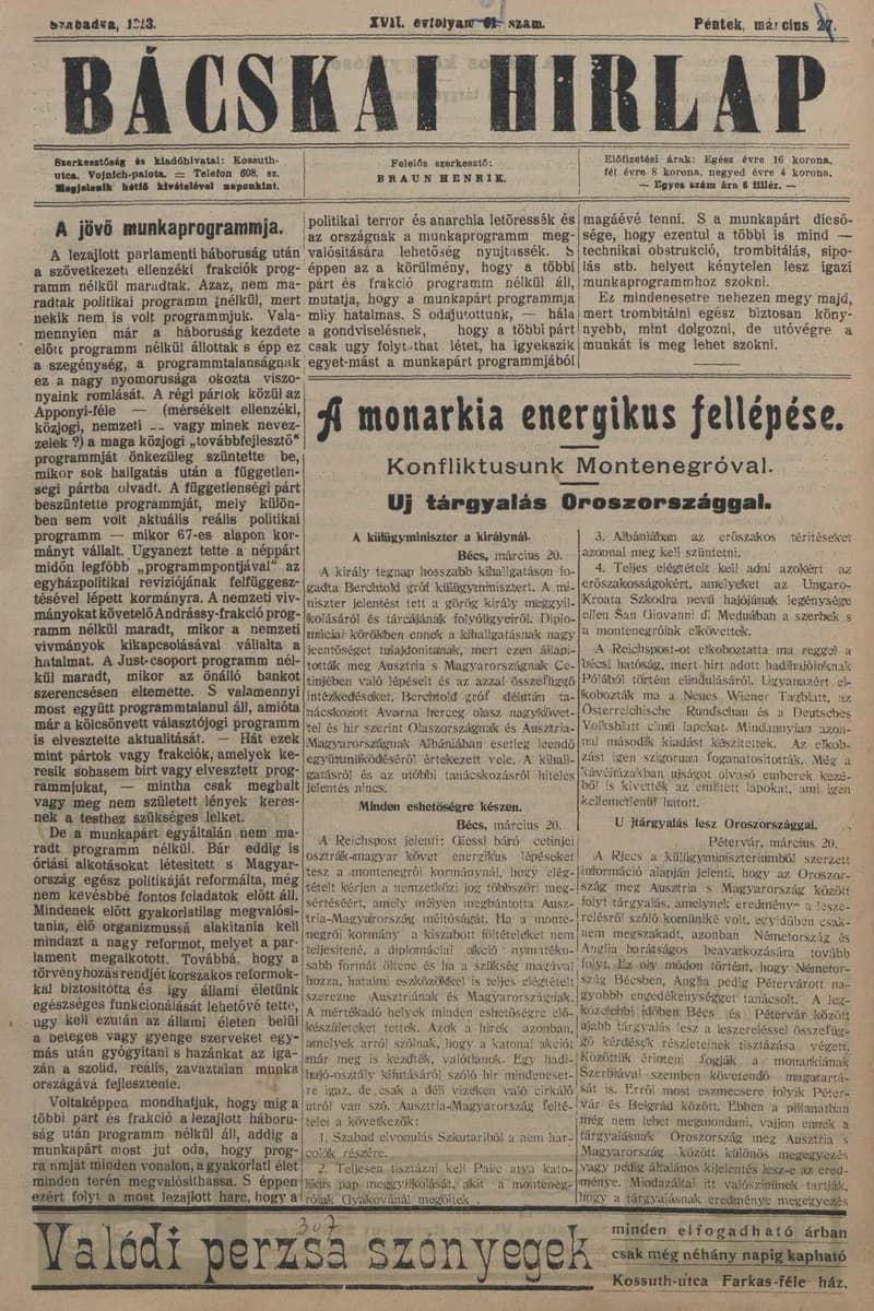 Bácskai Hirlap, 17. évf. 1913. március 21. 67. sz.