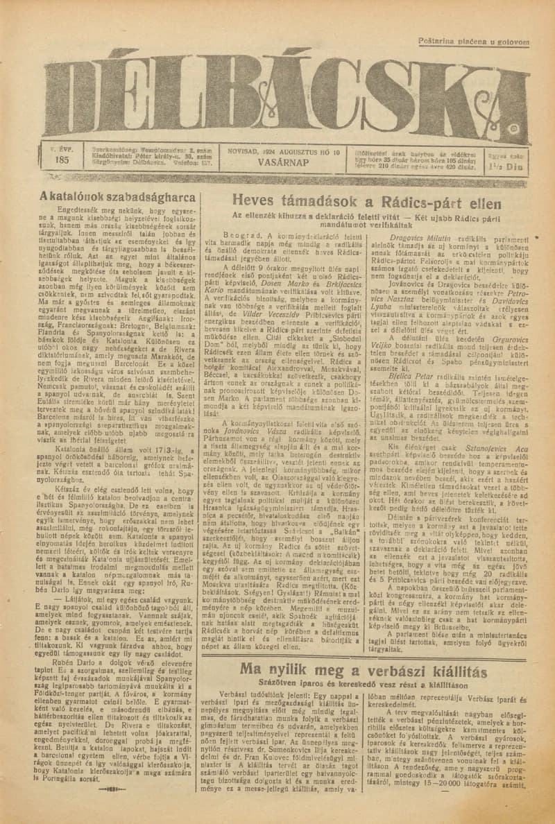 Délbácska, 5. évf. 1924. augusztus 10. 185. sz.