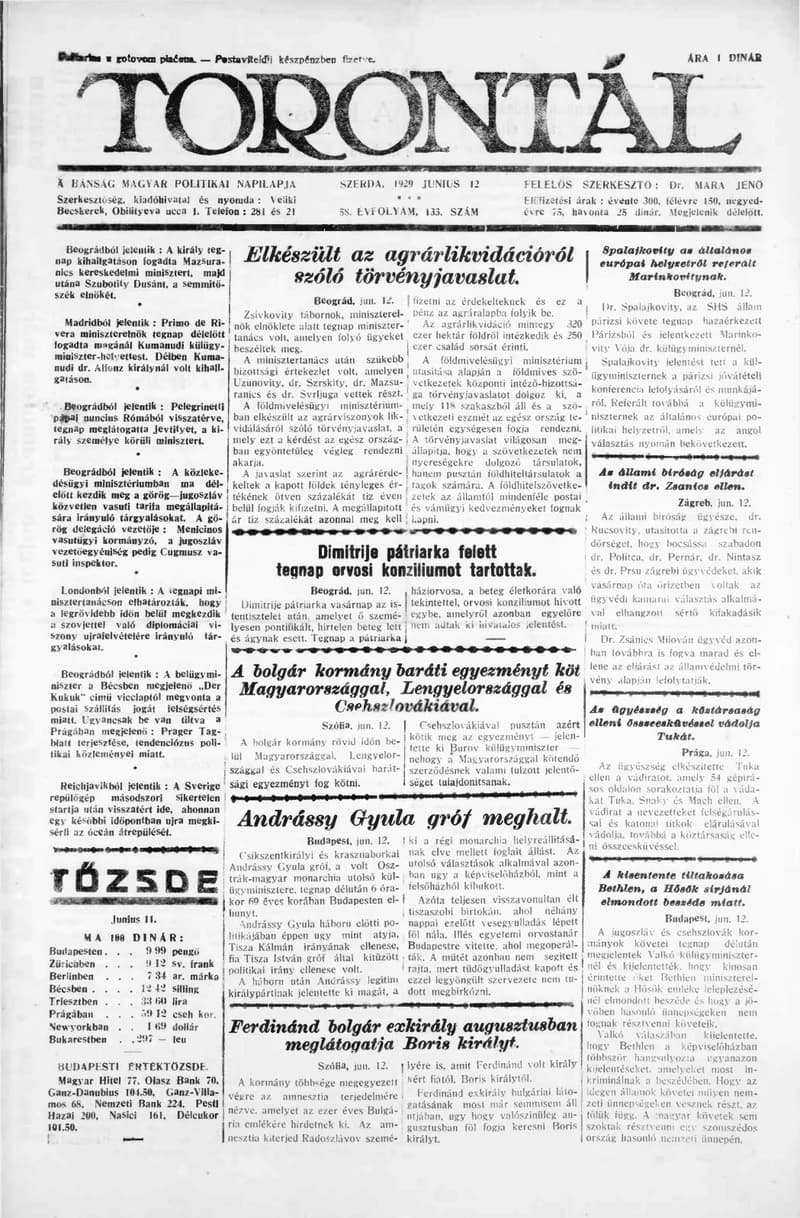 Torontál, 58. évf. 1929. június 12. 133. sz.