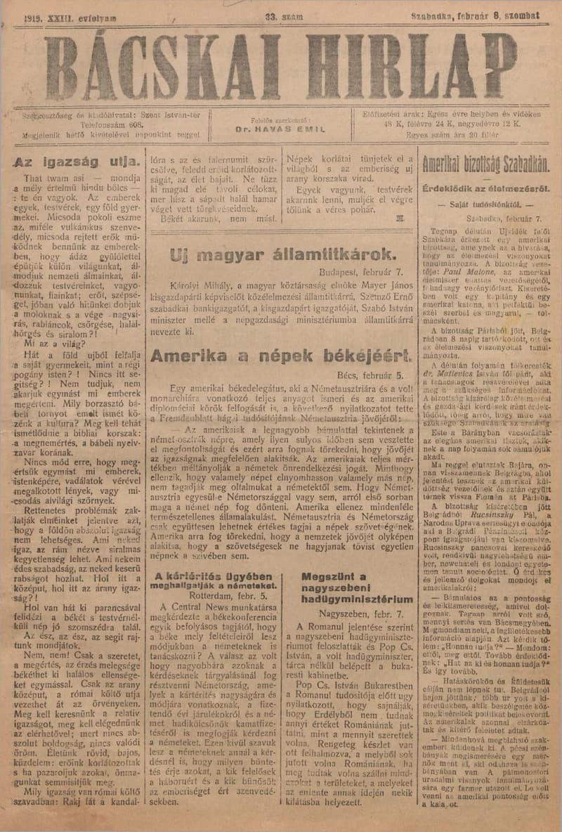 Bácskai Hirlap, 23. évf. 1919. február 8. 33. sz.