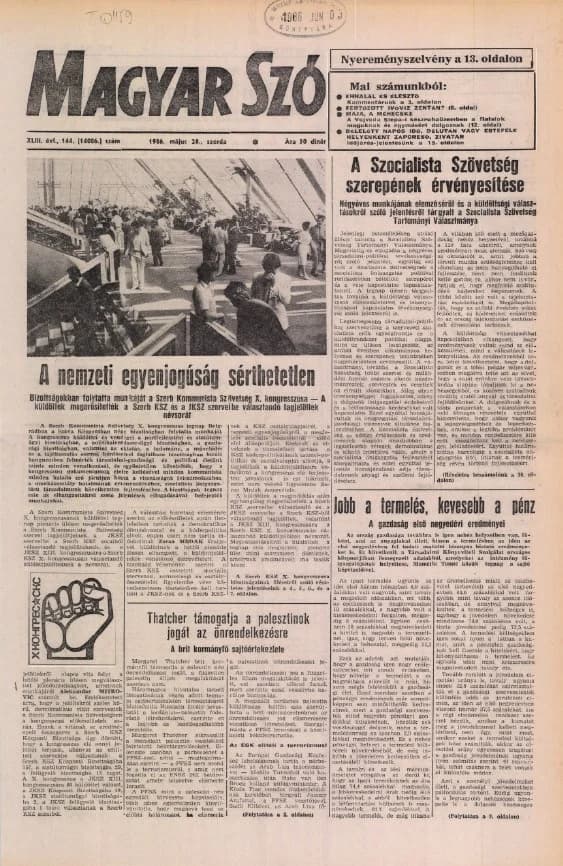 Magyar Szó, 43. évf. 1986. május 28. 144. sz. 1–20. oldal