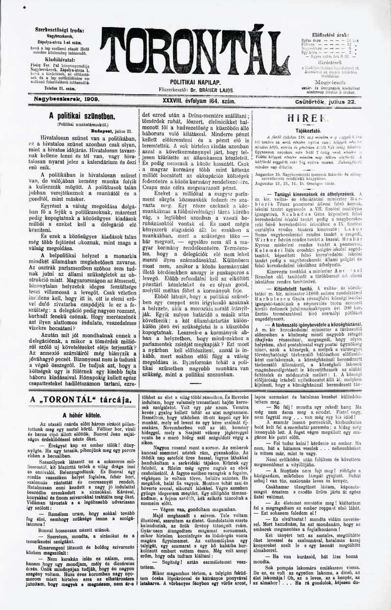 Torontál, 38. évf. 1909. július 22. 164. sz.