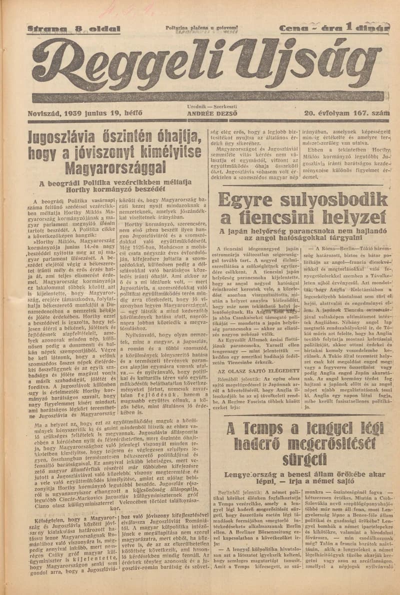 Reggeli Újság, 20. évf. 1939. június 19. 167. sz.