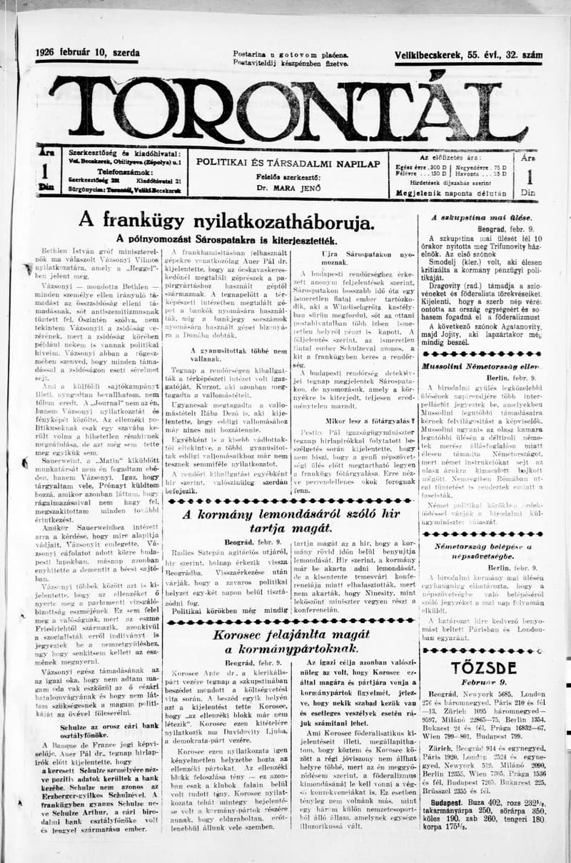 Torontál, 55. évf. 1926. február 10. 32. sz.